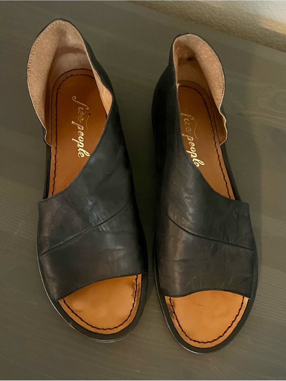 Free People Black Open-Toe Leather Flats